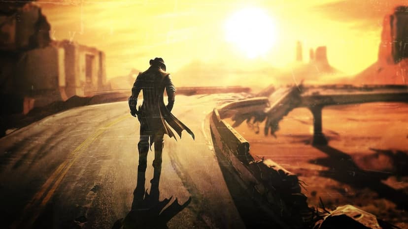 Silhouette of a man in a duster walking on a cracked road toward a glowing sun in a desolate desert wasteland.