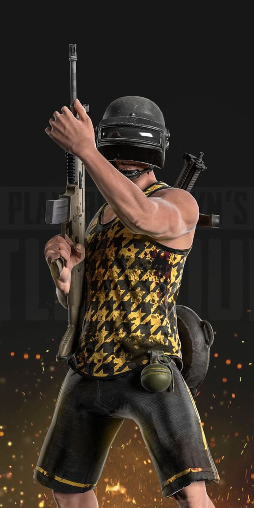 Soldier in a yellow tank top and helmet holding a rifle with a grenade on their belt against a dark backdrop.