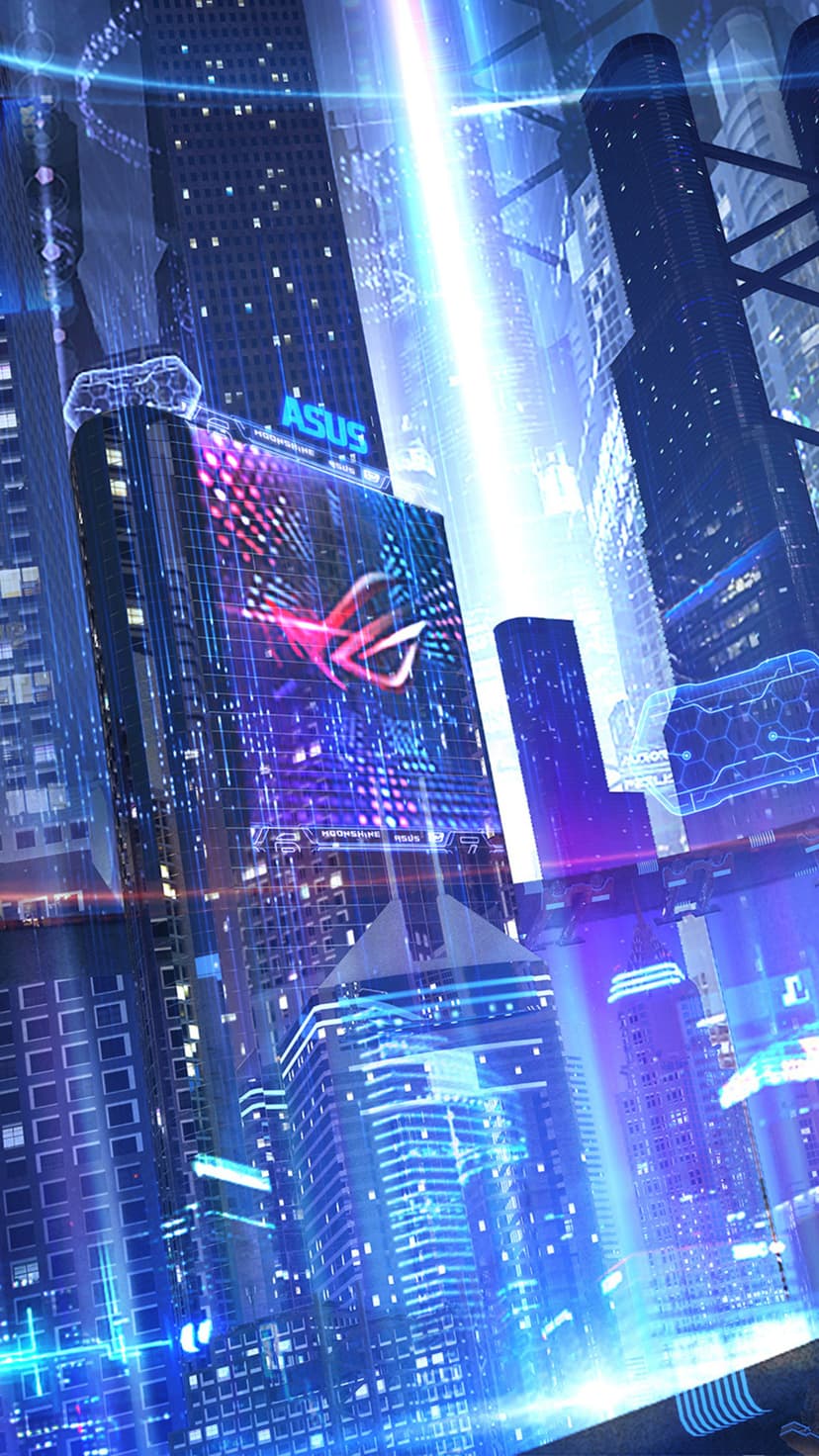 ASUS ROG logo glows on a neon-lit cyberpunk skyscraper with a vertical light beam shooting into the night sky.