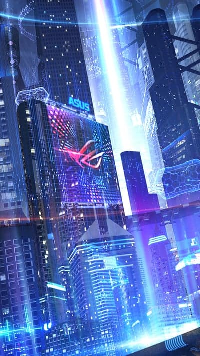 Futuristic Neon Cityscape with ASUS ROG Logo