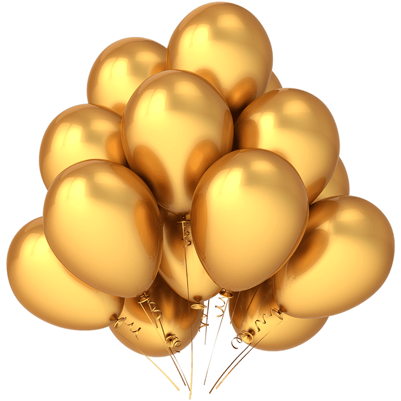 Glossy gold balloons float alongside a metallic coin and decorative label against a transparent background.