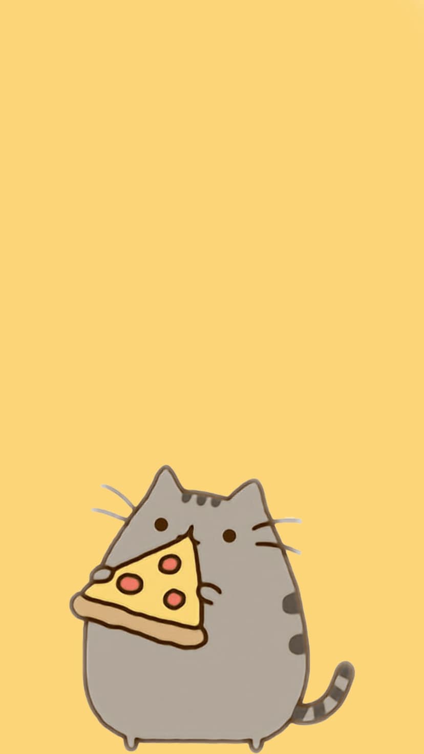 Chubby grey kitten eating a triangular slice of pepperoni pizza against a vibrant solid yellow backdrop.