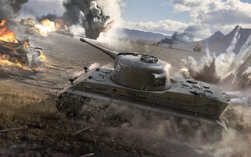German medium tank driving through a desert battlefield with burning tanks and explosions in the background.