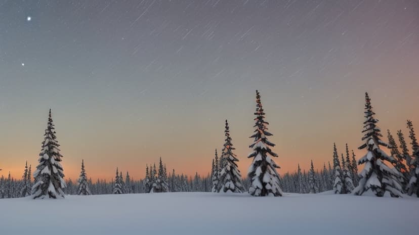 Snow-laden fir trees silhouetted against a blue and orange gradient sky with falling snow and two bright stars