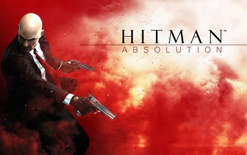 Agent 47 in a black suit dual-wielding silver pistols against a swirling red and white smoky background.
