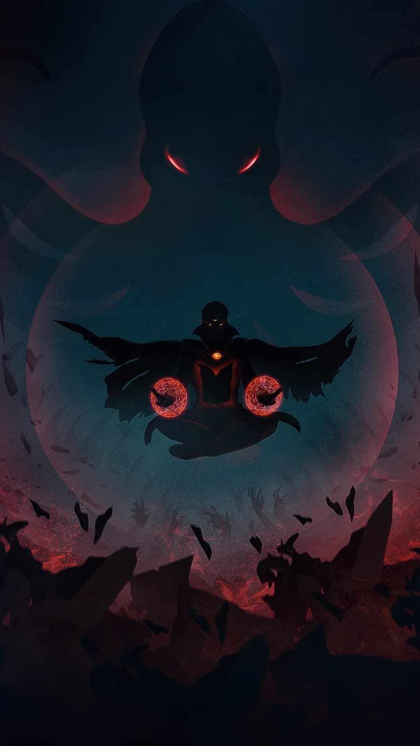 Hooded sorcerer with glowing red hands stands below a massive shadowy monster with tentacles and crimson eyes.