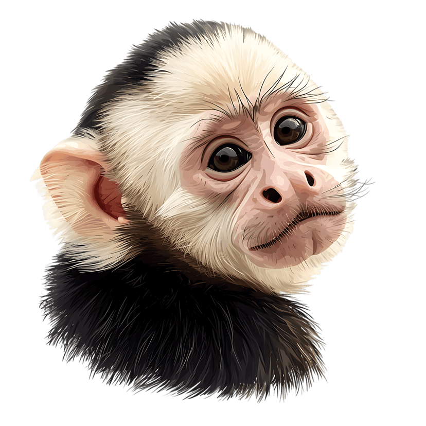 Capuchin monkey face illustration shows detailed black and white fur patterns against a dark studio background.
