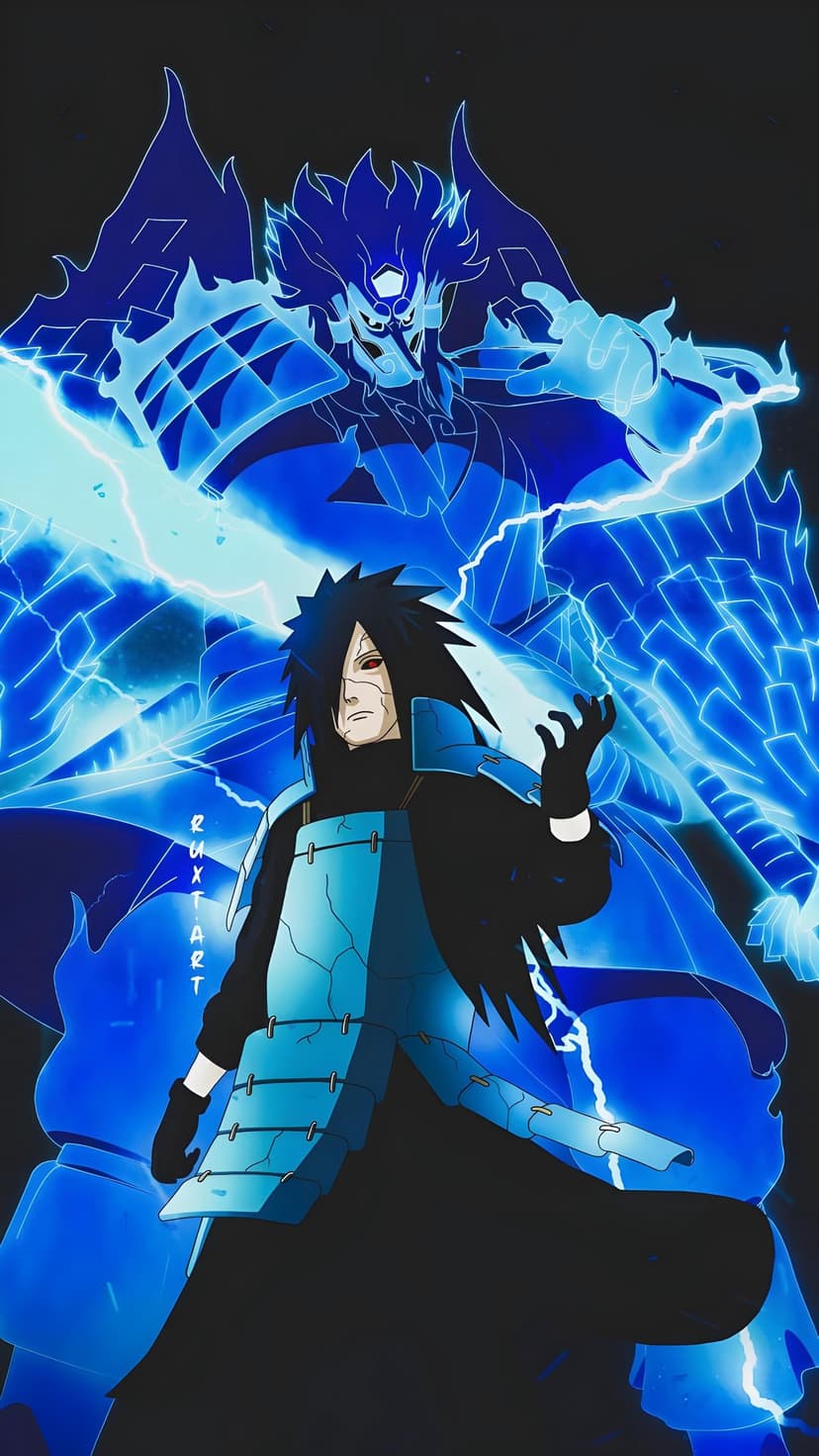 Madara Uchiha stands before a giant blue skeletal warrior engulfed in bright electric sparks and lightning.