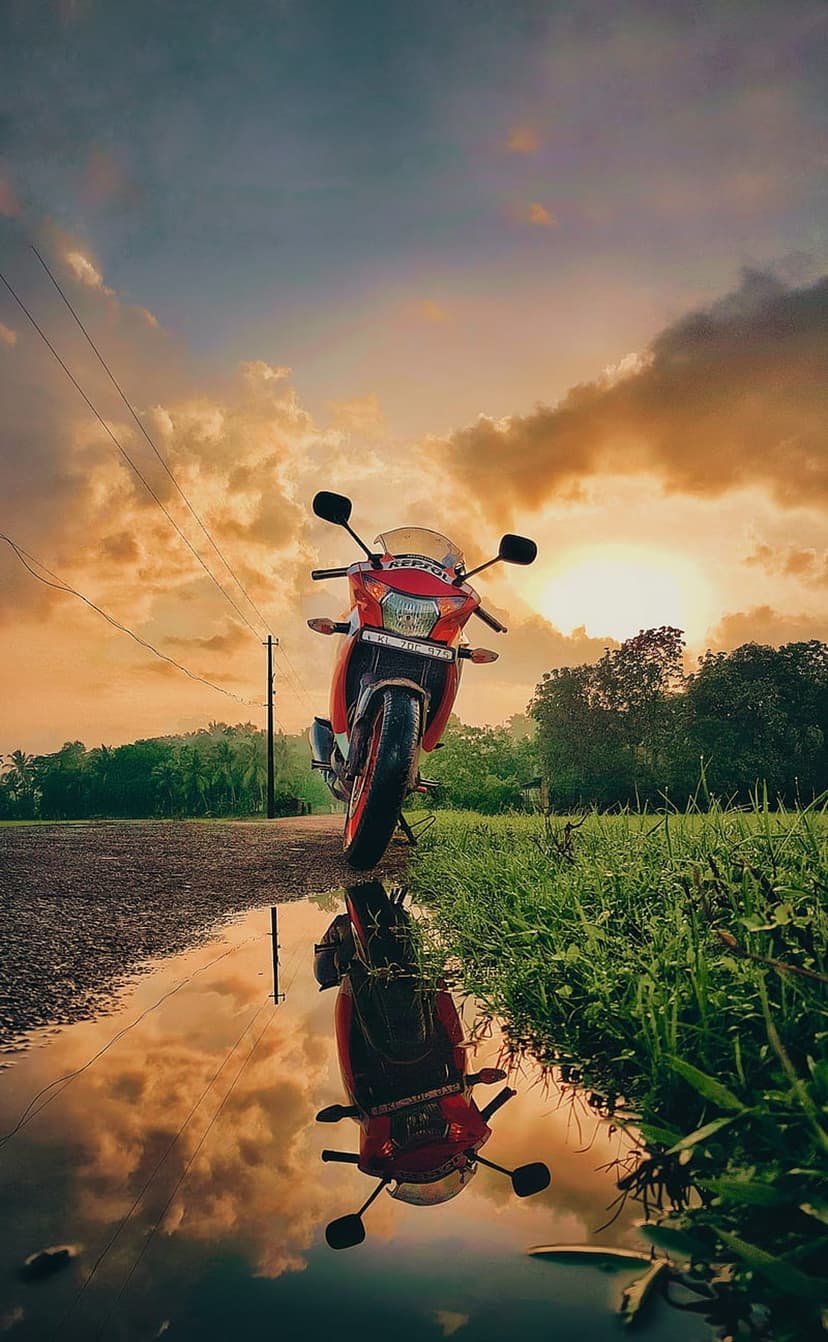 Red sportbike parked on wet asphalt reflecting a golden sunset sky with storm clouds and green foliage.
