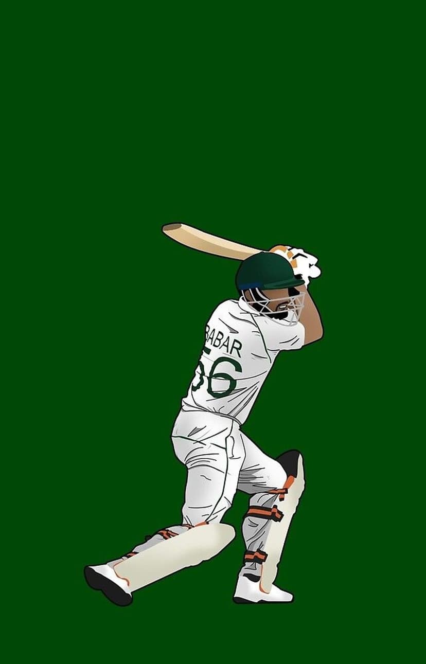 Cricket player Babar in a white uniform and green trim crouches with a bat against a solid green background.