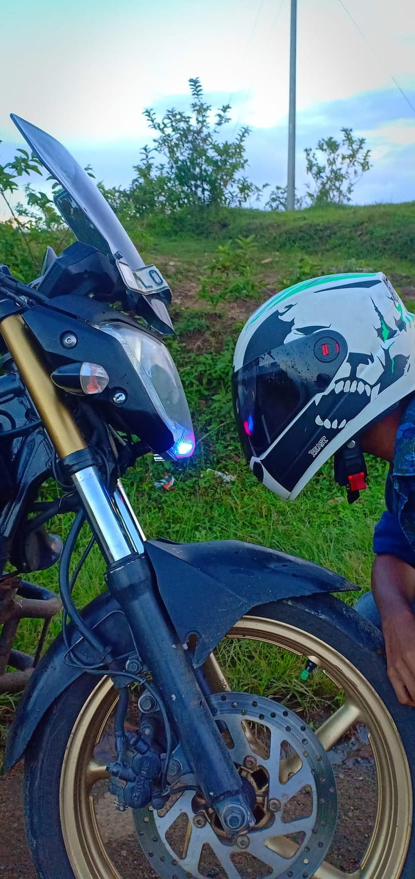 Skull-themed motorcycle helmet and front forks on green grass under a cloudy sky in a vertical composition.