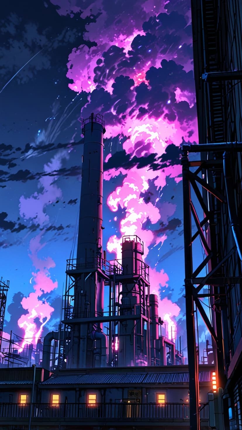 Industrial smokestacks release purple clouds into a midnight blue sky filled with stars and lit urban windows.