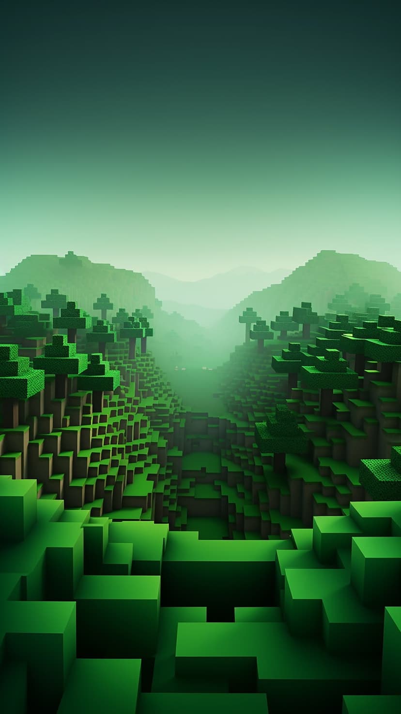 Lush green pixelated mountains and blocky forest groves under a misty sky in a vertical landscape view.