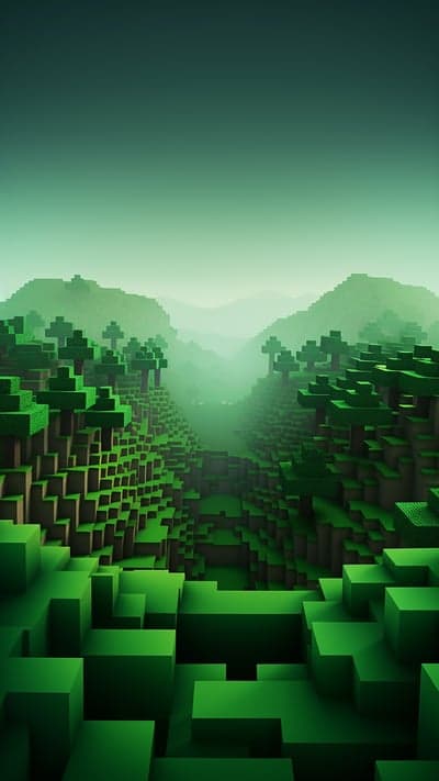 Pixelated Emerald Forest Valley Phone Wallpaper Scene