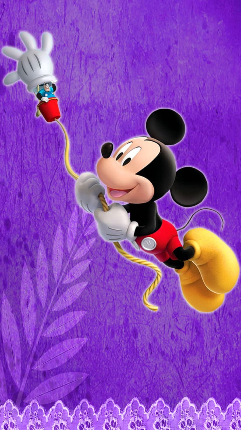 Mickey Mouse swings on a yellow rope toward Minnie inside a red bucket against a patterned purple background.