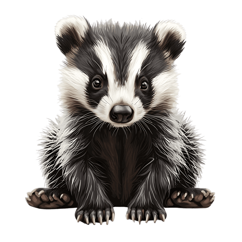 Badger cub portrait showing black and white fur stripes and a dark background in a realistic digital style.