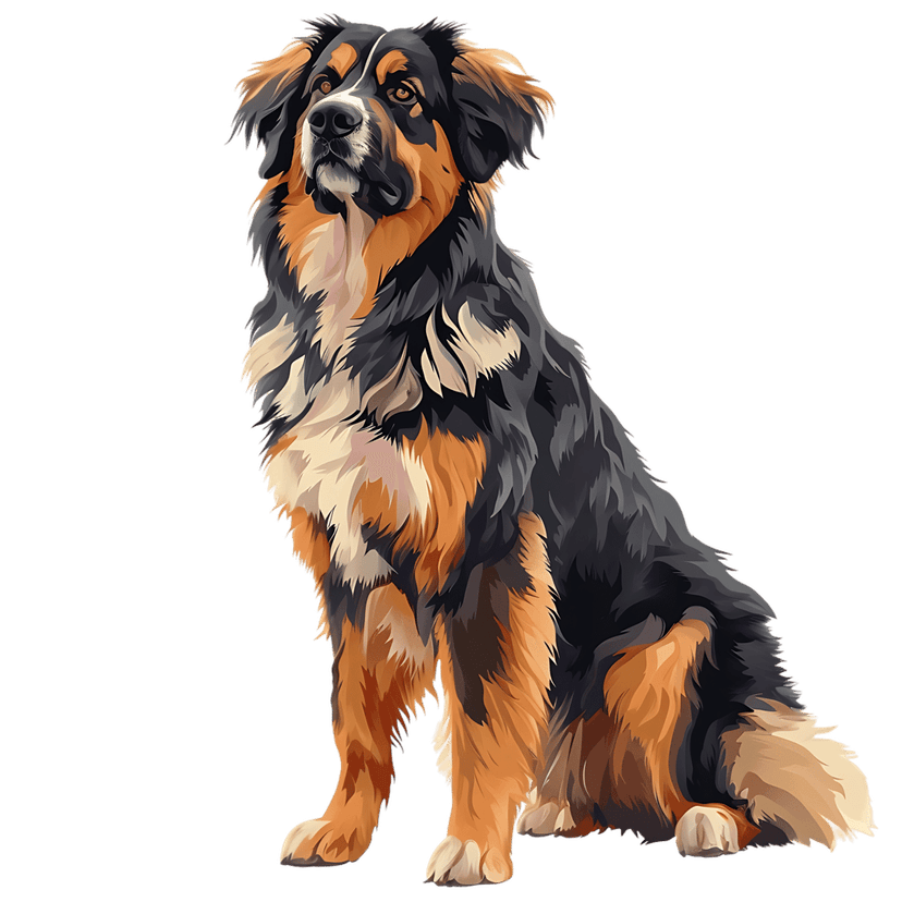 Bernese Mountain Dog illustration sitting in a front-facing pose with realistic tricolor fur and dark eyes.