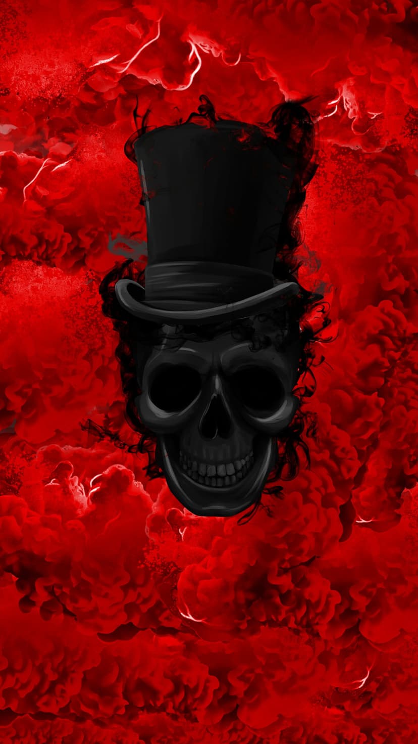 Black skull wearing a top hat emerges from swirling red smoke clouds against a dark, high-contrast background.