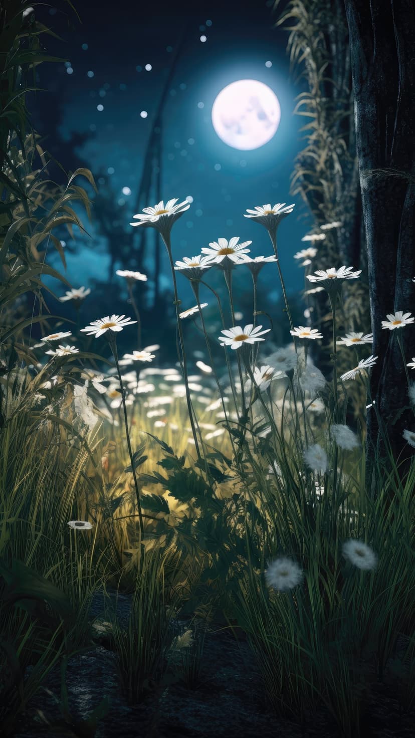 White daisies bloom in a dark forest clearing under a large, glowing full moon surrounded by tall grasses.