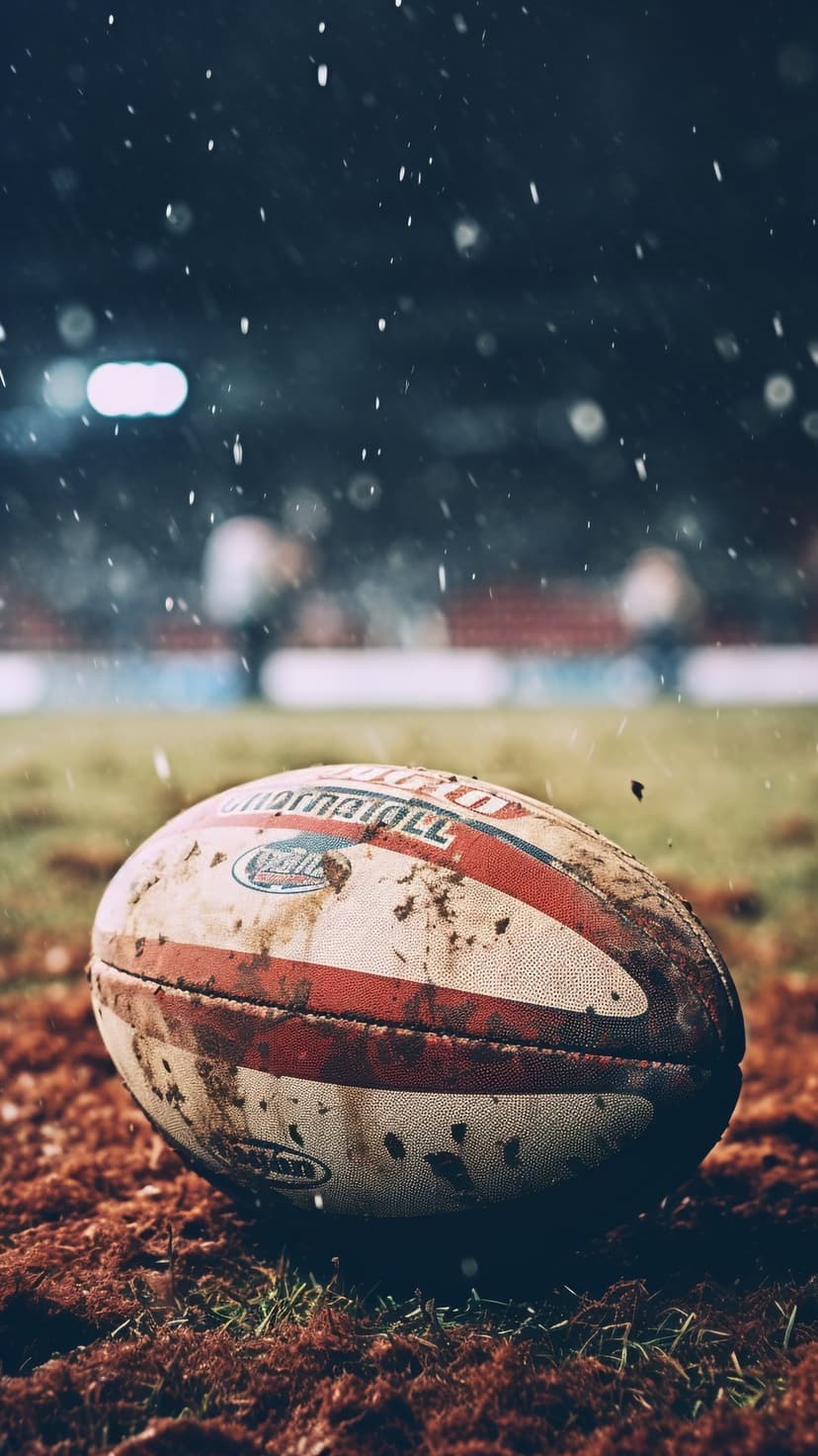 Muddy rugby ball on a frost-covered grass field with soft snowflakes falling in a blurred background.