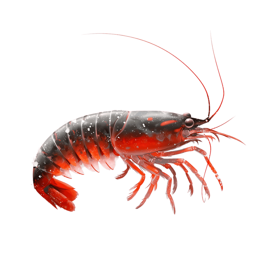 Red shrimp with translucent shell segments shows detailed textures and moisture speckles on a dark backdrop.