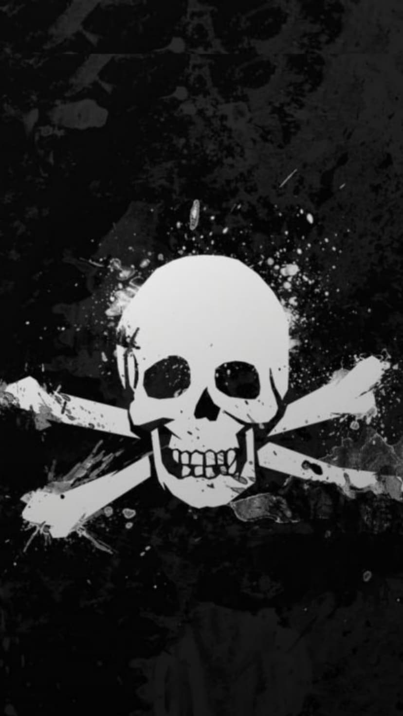 Skull and crossbones emblem with splattered paint texture centered on a dark distressed vertical background.