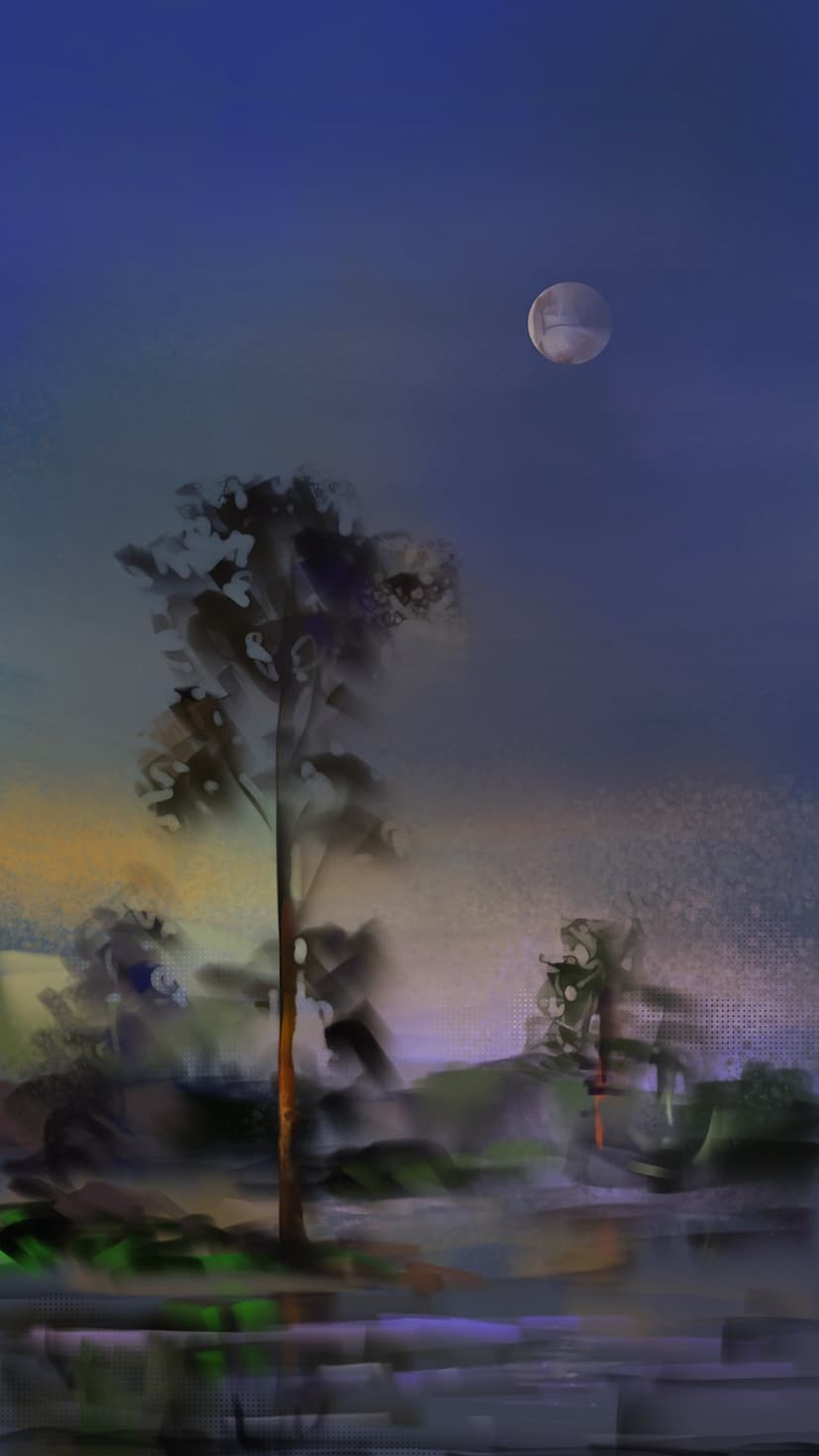 Glowing moon shines through blue mist above dark silhouetted trees with purple and orange light accents.