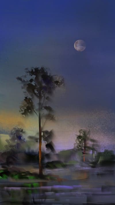 Dreamy Moonlit Landscape with Silhouetted Trees