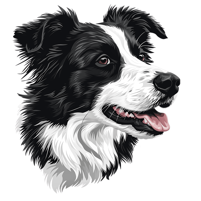 Border Collie dog portrait featuring black and white fur patterns with sharp amber eyes and a front facing pose.