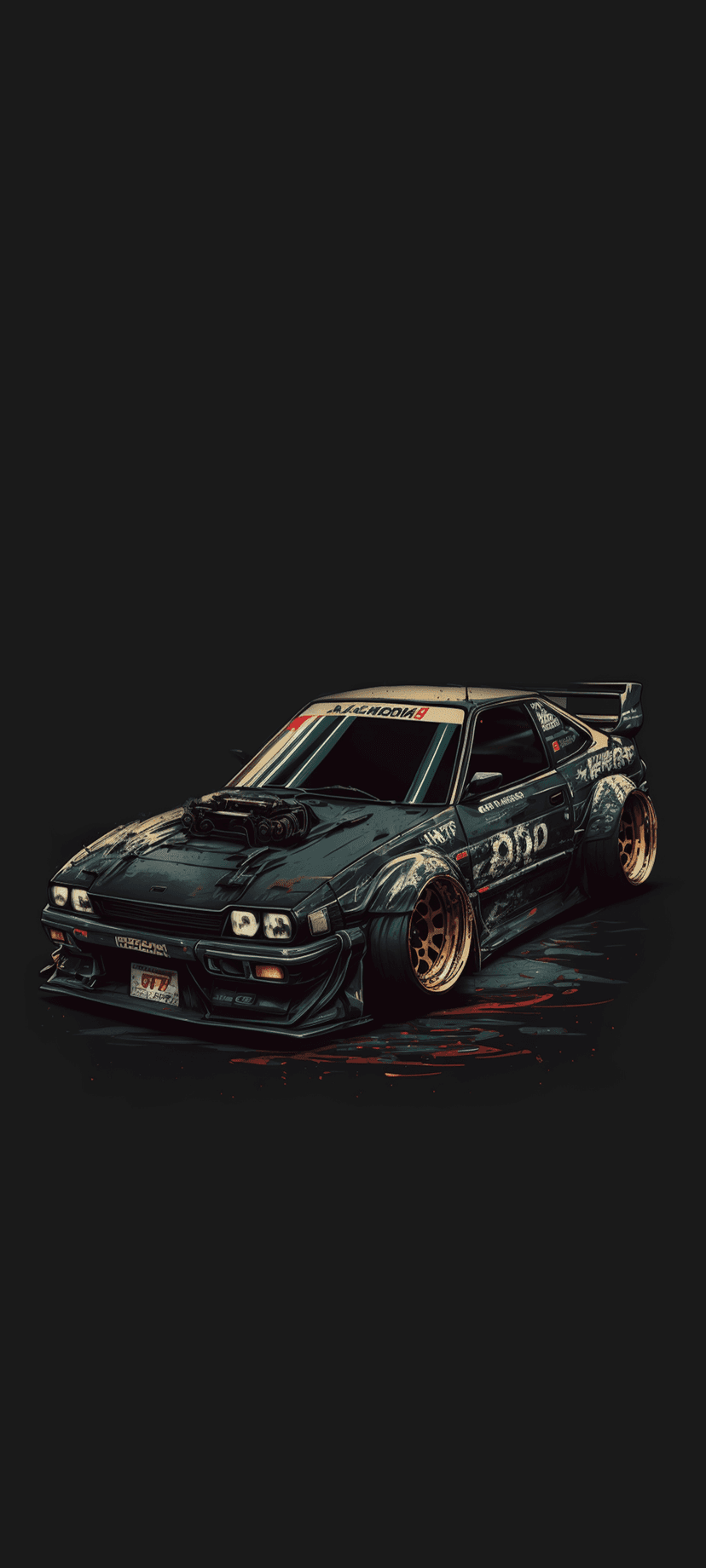 JDM drift car with a widebody kit, hood scoop, and gold rims against a dark background with red splatters.