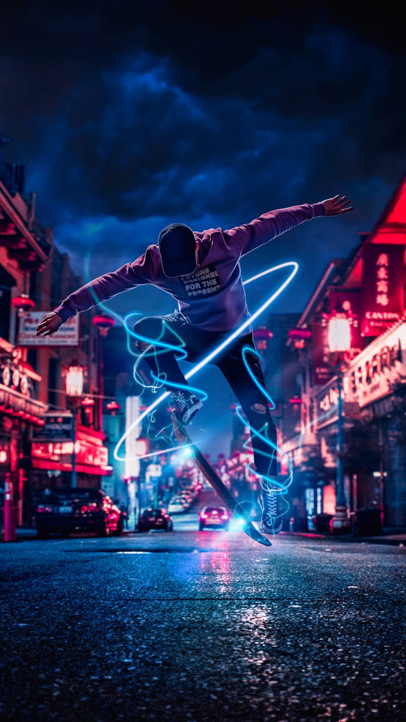 Masked person with a glowing skull face stands in a dark alleyway during a rainy night with neon reflections.