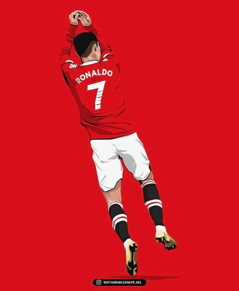 Cristiano Ronaldo jumps vertically wearing a red Manchester United shirt with number seven on the back.