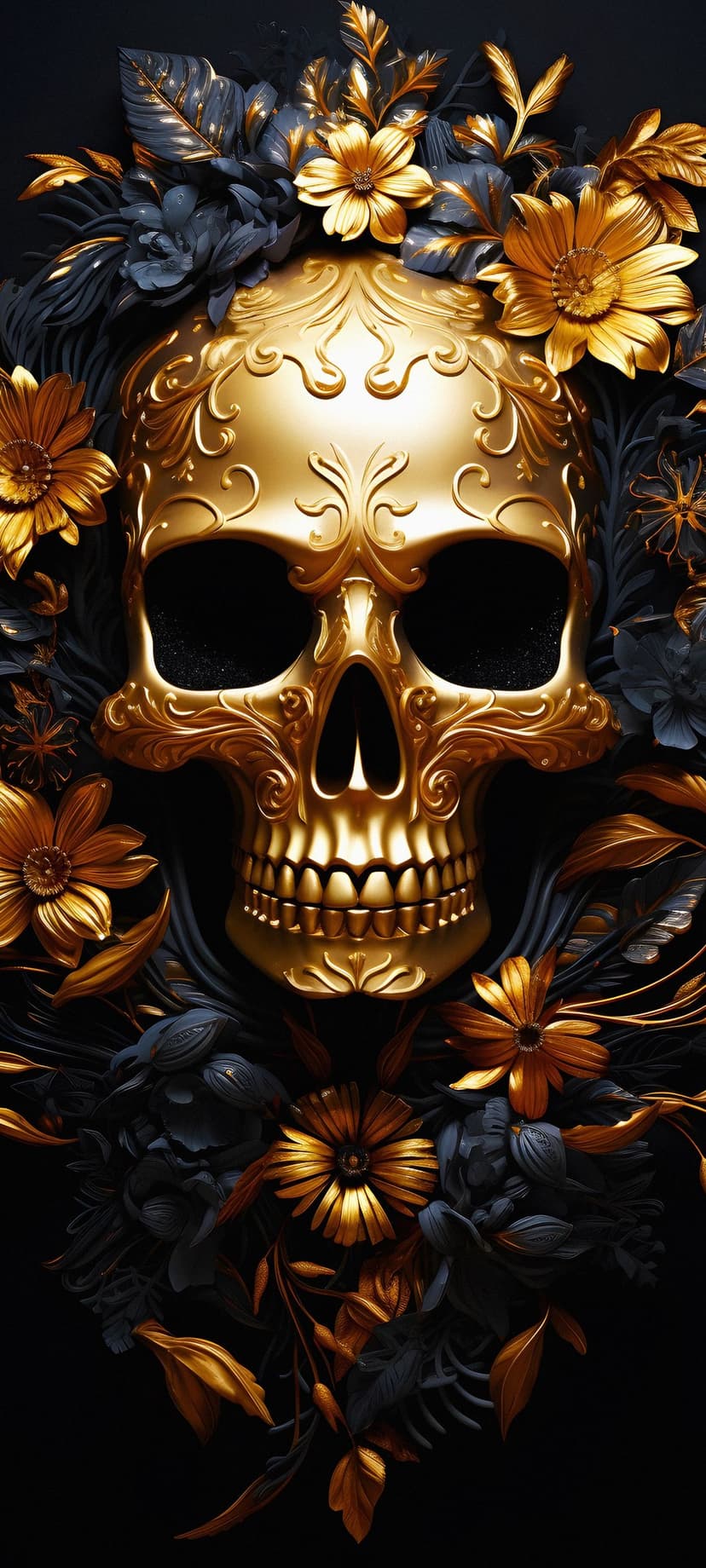 Ornate golden skull with filigree patterns framed by dark floral petals and shimmering metallic leaf accents.