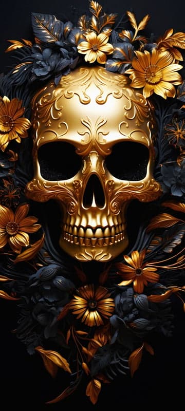 Golden Skull Surrounded by Dark Flowers and Gold Accents
