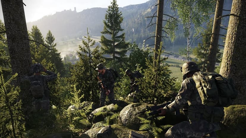 Soldiers in camouflage stand among pine trees on a rocky hill overlooking a sunlit valley and distant castle.