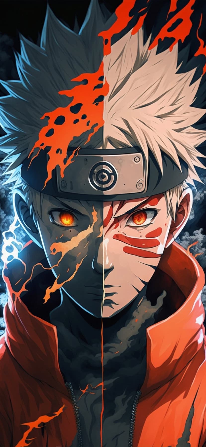 Naruto Uzumaki stares forward with one glowing orange eye and a fiery aura across half of his whiskered face.