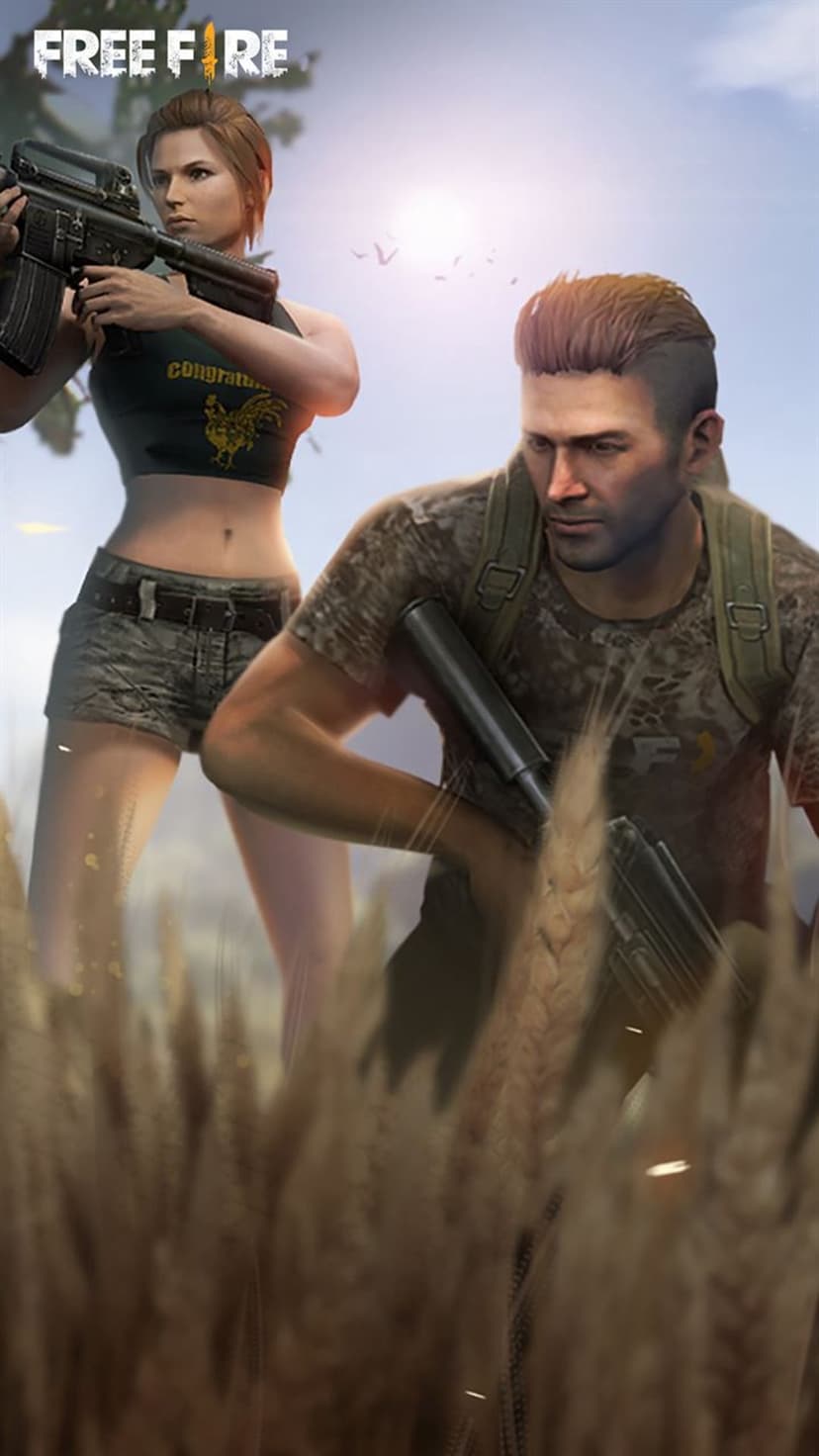 Female soldier holds a rifle in a sun-drenched wheat field with a male ally standing in the background.