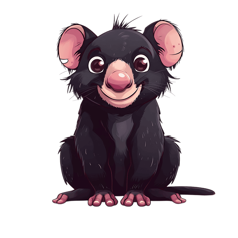 Tasmanian devil cartoon character with dark fur and pink ears sitting on a black background in a front view.