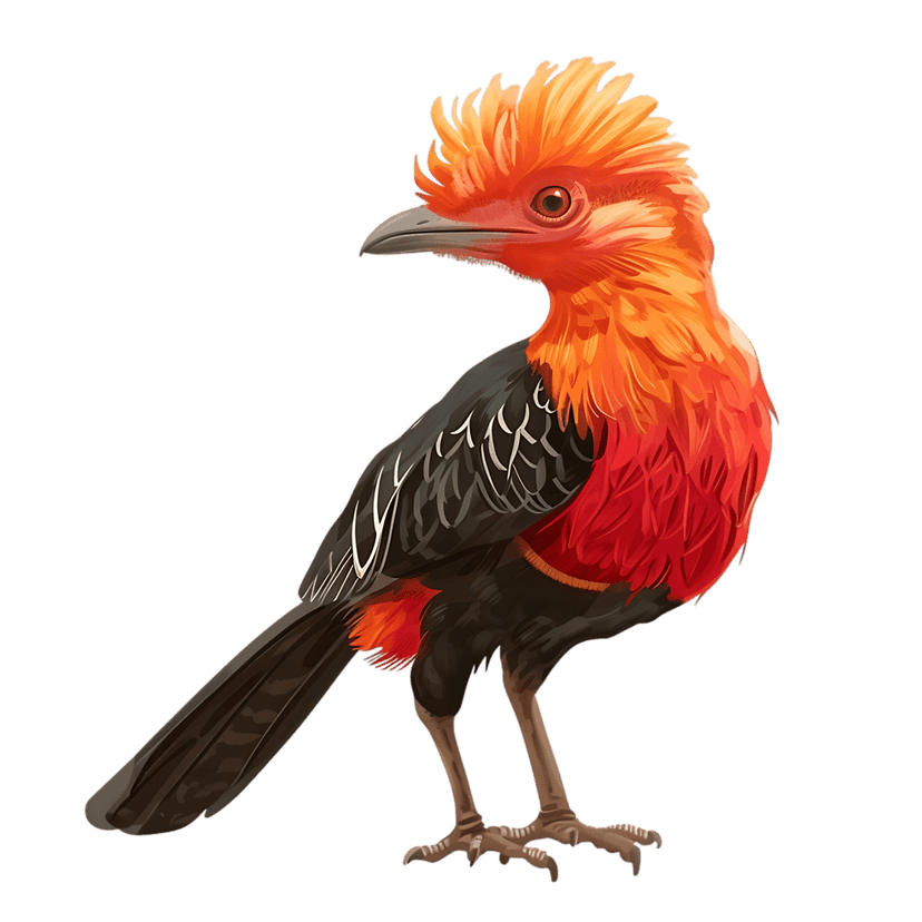 Guianan Cock-of-the-rock bird illustration with a bright orange fan crest and dark wings on a black background.