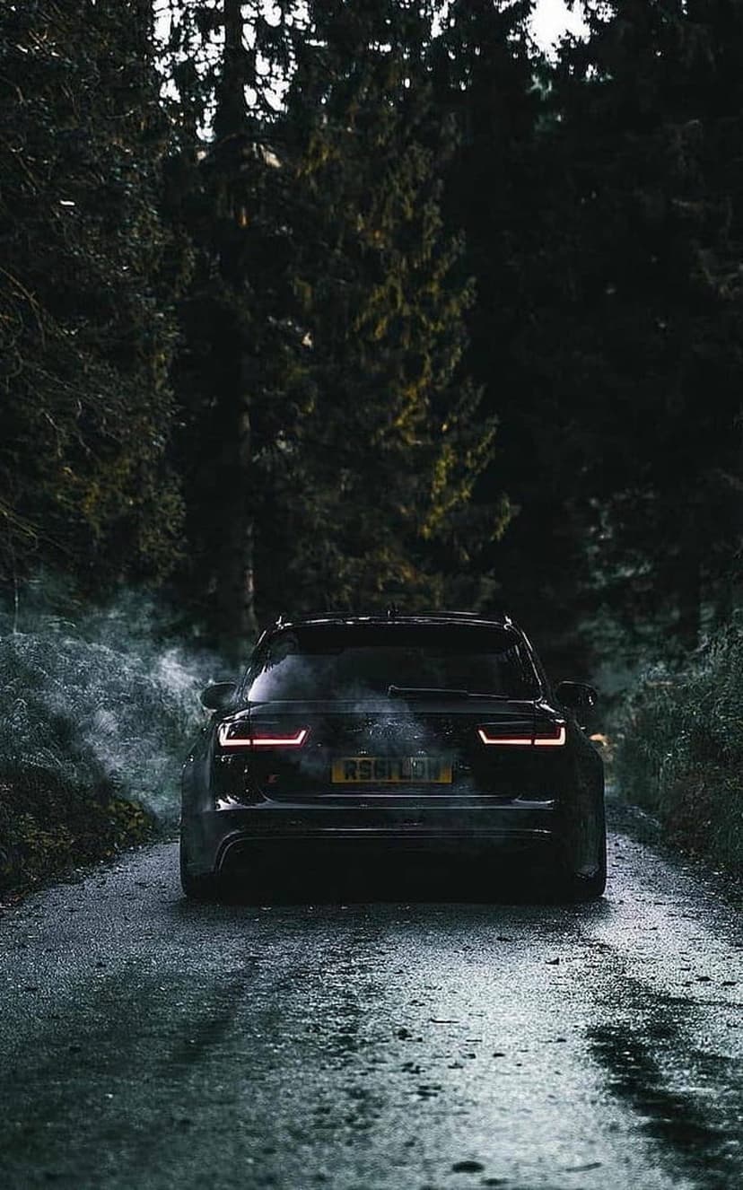 Black car with glowing red taillights driving on a wet forest road surrounded by dense fog and rising smoke.
