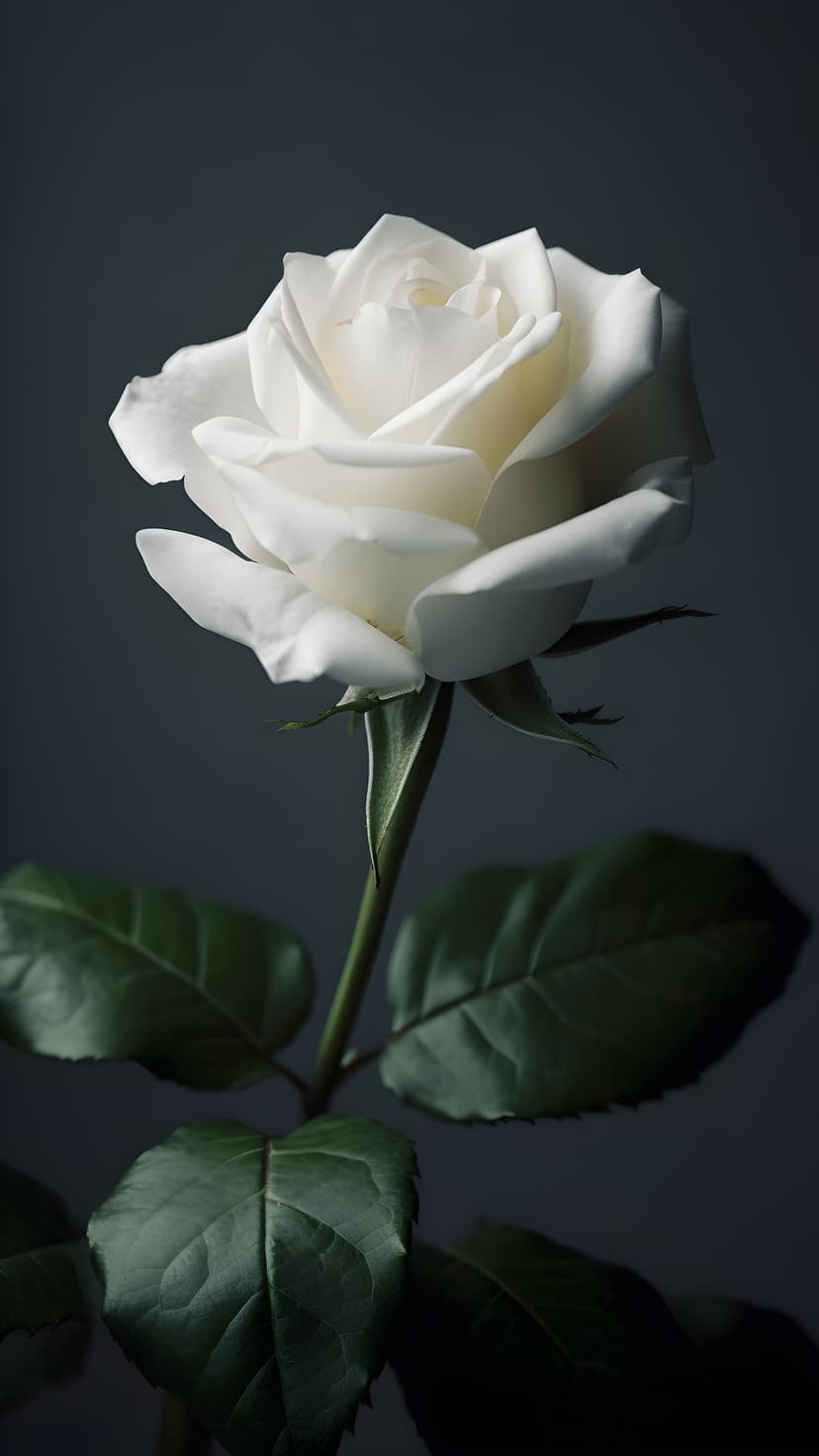White rose petals unfurling against a dark charcoal background with dramatic side lighting on the floral texture.