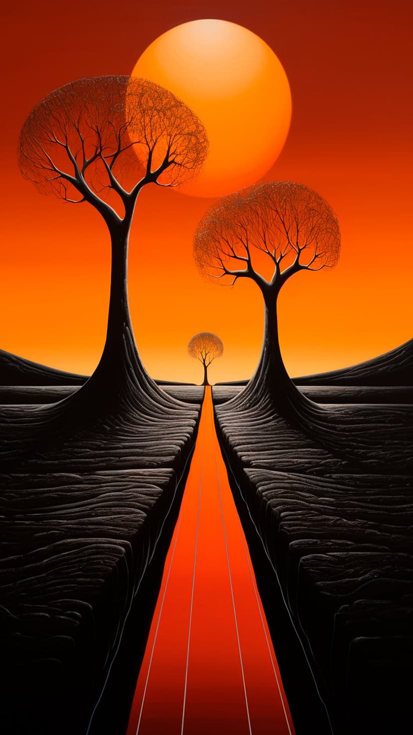 Twisted black trees flank a glowing orange path leading to a large radiant sun under a vivid amber sky.