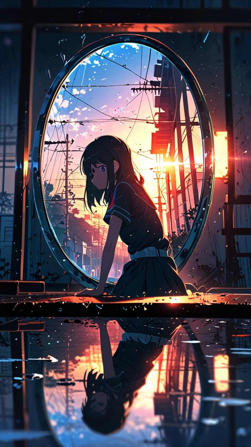 Anime girl kneels by a reflective puddle under a vibrant sunset sky with urban buildings and power lines.
