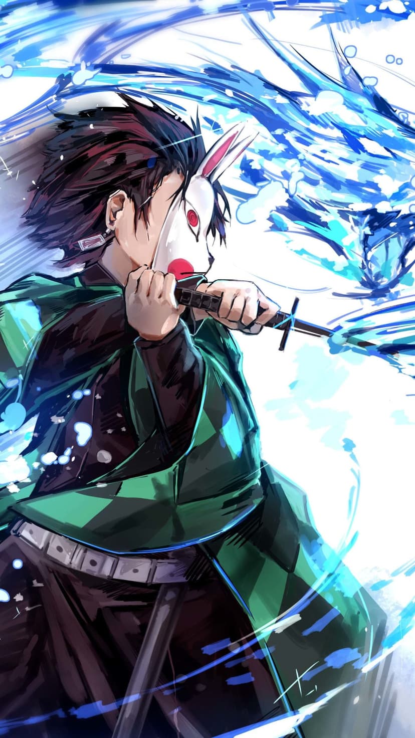 Swordsman in a rabbit mask swings a katana surrounded by a spiraling blue water dragon and swirling foam waves.