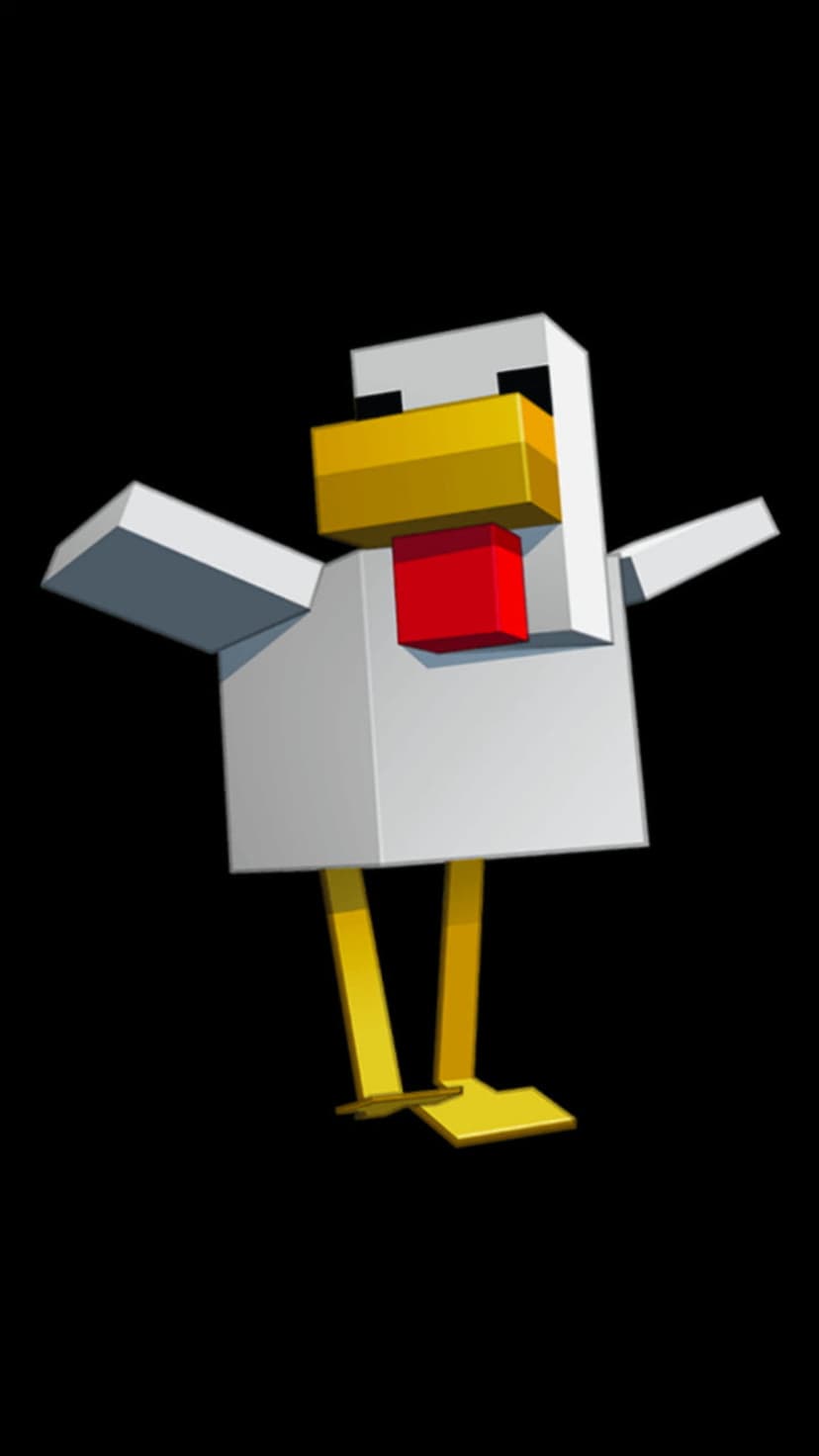 Blocky white chicken with yellow feet and red wattle posing with open wings against a solid black background.
