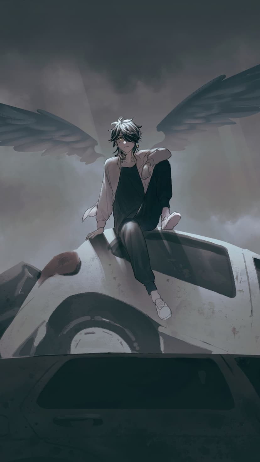 Winged person in casual clothes sits on a decaying car hood against a dramatic overcast sky with light beams.