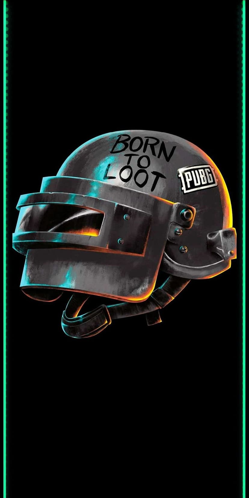 Level 3 battle royale helmet with metallic scratches, orange glow, and neon green borders on a black background.