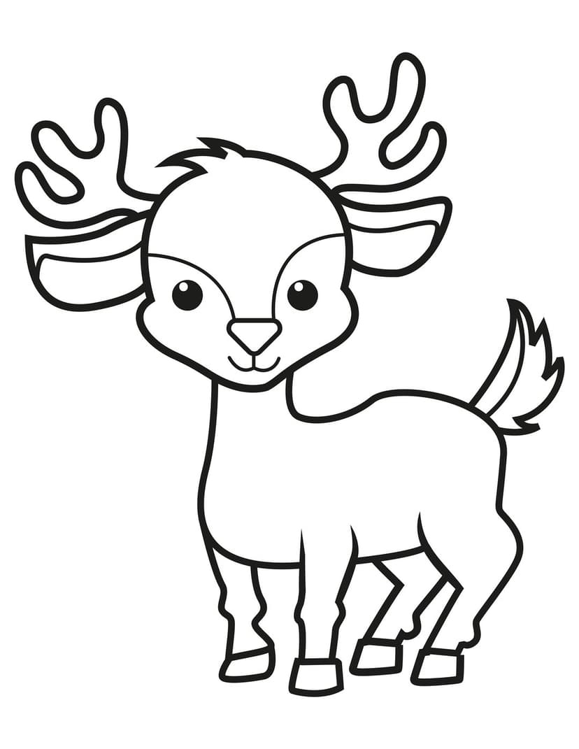 Baby deer line art illustration featuring thick black outlines and large eyes on a plain white background.