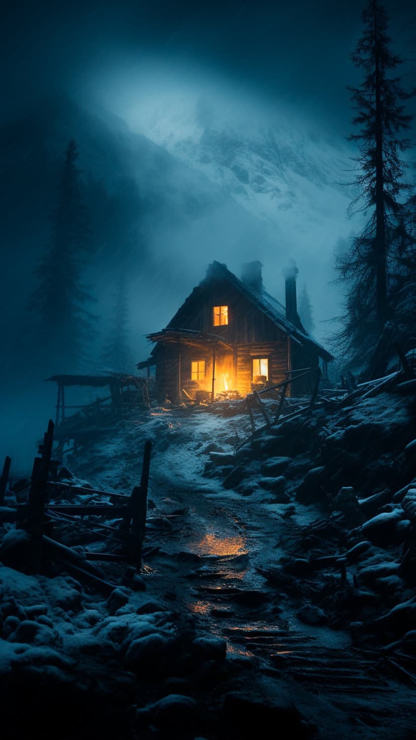 Glowing wooden cabin sits among snowy mountains and thick mist under a dark, starry night sky in winter.