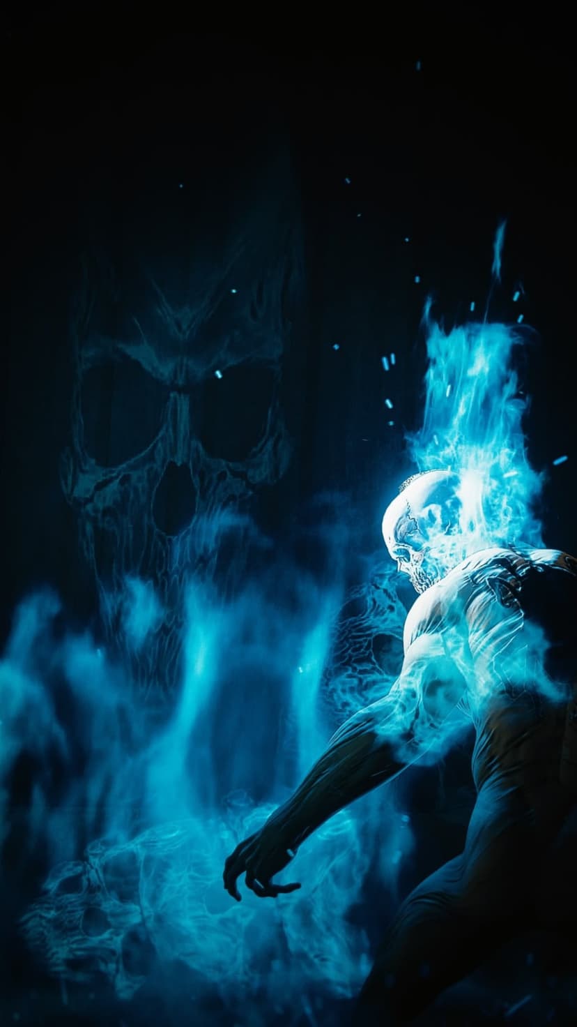 Blue flaming skeleton with glowing eyes stands amidst swirling white smoke against a dark black background.